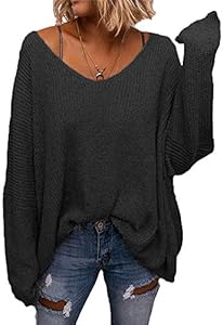 BZB Women's V Neck Long Sleeve Knit Loose Oversized Pullover Sweater Top BZB