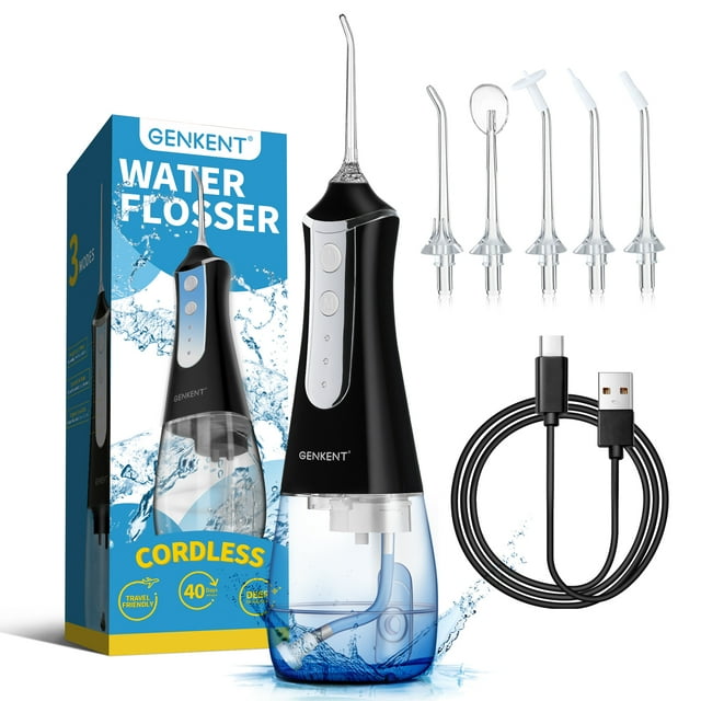 GENKENT Water Flosser for Teeth, Cordless Dental Flosser 3 Modes 5 Tips Rechargeable, Black GENKENT