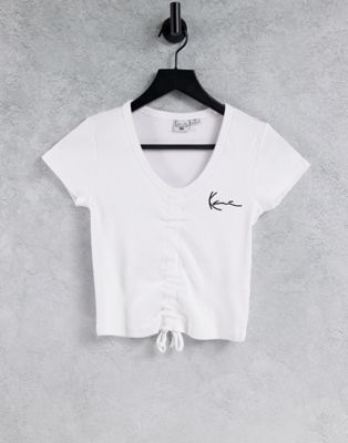 Укороченная футболка в рубчик Karl Kani с завязками спереди и логотипом Karl Kani