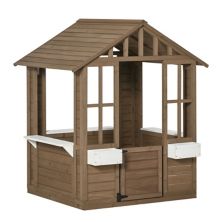 Outsunny Kids Wooden Playhouse Outdoor Garden Games Cottage with Working Door Windows Flowers Pot Holder 47&#34; x 38&#34; x 54&#34; Outsunny
