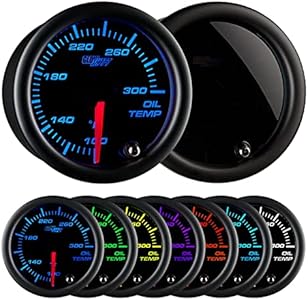 GlowShift Tinted 7 Color 300 F Oil Temperature Gauge Kit - Includes Electronic Sensor - Black Dial - Smoked Lens - for Car & Truck - 2-1/16" 52mm GlowShift