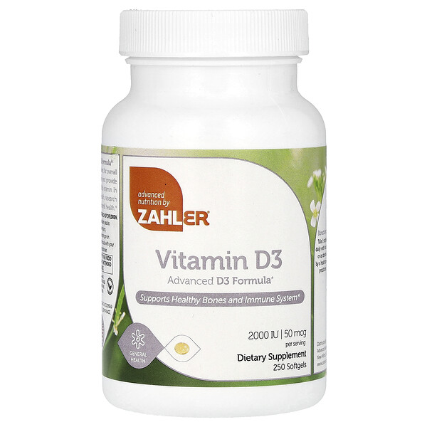 Витамин D3, Продвинутая формула D3 - 50 мкг (2000 МЕ) - 250 мягких капсул - Zahler Zahler