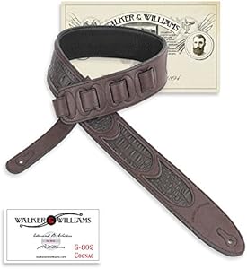 Walker & Williams G-802 Soft Cognac Brown Leather Guitar Strap with Gator Inserts & Padded Back For Acoustic, Electric, And Bass Guitars Walker & Williams