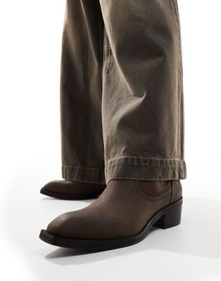 ASOS DESIGN heeled cuban boots in brown leather with western buckle and detail ASOS DESIGN