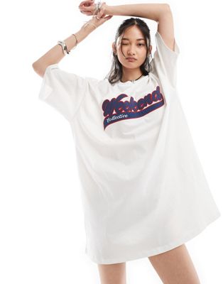 ASOS Weekend Collective oversized t-shirt dress with blue logo in ecru ASOS Weekend Collective
