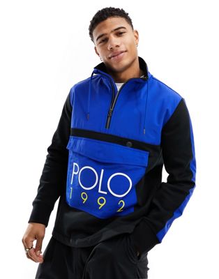 Polo Ralph Lauren retro color block borg hybrid half zip sweatshirt in blue/black Polo Ralph Lauren