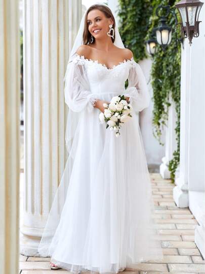 EVER-PRETTY Свадебное платье с кружевной отделкой с оборками сетчатый расклешеный с открытыми плечами EVER-PRETTY