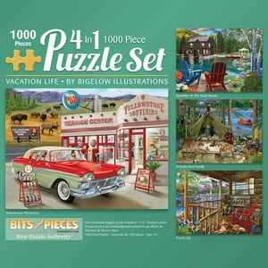 Bits and Pieces - Value Set of Four (4) 1000 Piece Jigsaw Puzzles for Adults - Puzzles Measure 20" x 27" - 1000 pc Porch Family Summer Boathouse Multi-Pack Jigsaws by Artist Bigelow Illustrations Bits and Pieces