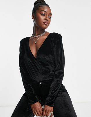 In The Style exclusive velvet wrap detail bodysuit in black - part of a set In The Style