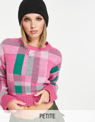 Only Petite cropped sweater in pink & green plaid Only Petite