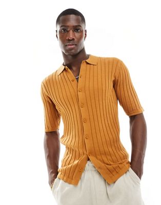 Легкая трикотажная рубашка-поло на пуговицах в рубчик ASOS DESIGN ярко-оранжевого цвета ASOS DESIGN