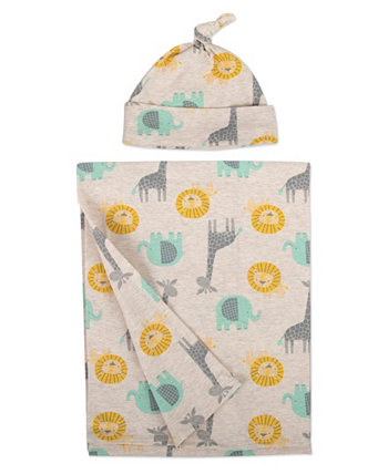 Baby Boys Soft Giraffe Print Swaddle Wrap Blanket with Matching Hat, 2 Piece Set Baby Essentials