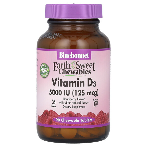 Витамин D3, Малина - 5000МЕ (125 мкг) - 90 жевательных таблеток - Bluebonnet Nutrition Bluebonnet Nutrition