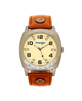 Мужские часы, серый корпус в форме подушки IP 44 мм, бежевый циферблат с черными арабскими цифрами, коричневые заклепки на ремешке, секундная стрелка Wrangler