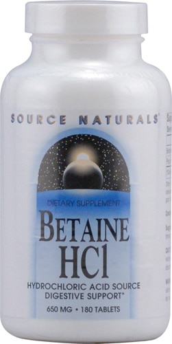 Бетаин гидрохлорид — 650 мг — 180 таблеток Source Naturals