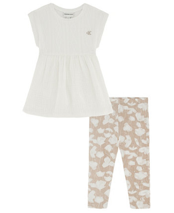 Свитер для маленьких девочек, муслиновый топ-туника и эластичные леггинсы с принтом, комплект из 2 предметов Calvin Klein