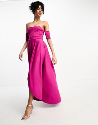 Платье цвета фуксии с открытыми плечами и глубоким вырезом True Violet True Violet