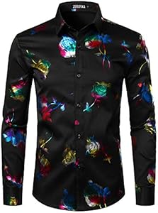 ZEROYAA Mens Hipster 3D Golden Rose Floral Printed Slim Fit Long Sleeve Button Down Dress Shirts Zeroyaa