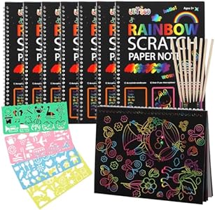 Suwimut 8 Pack Scratch Art Books for Kids, Rainbow Magic Scratch Paper Bulk Black Scratch It Off Art Crafts Notebooks with 8 Wooden Stylus & 4 Drawing Stencils for Girls Boys Birthday Christmas Party Suwimut