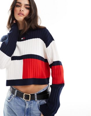 Tommy Jeans color block badge sweater in white Tommy Jeans