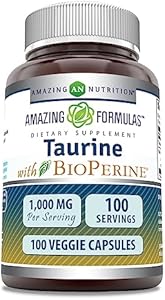 Amazing Formulas Taurine with Bioperine Supplement | 1000 Mg Per Serving | 100 Veggie Capsules | Non-GMO | Gluten Free | Made in USA Amazing Nutrition