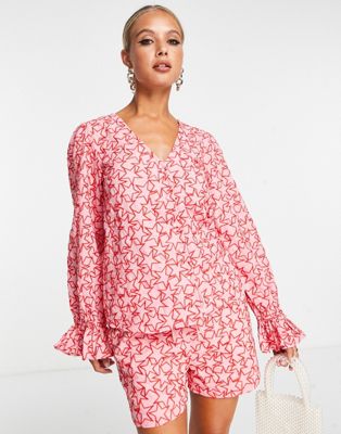 Розовая блузка с вышивкой Never Fully Dressed с объемными рукавами и звездами — часть комплекта NEVER FULLY DRESSED