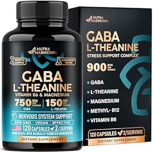 GABA L-Theanine 900 mg - Made in USA - Magnesium | Vitamin B6 - Calm, Sleep, Relaxation & Mood Support - 750 mg Gamma AminoButyric Acid, 150 mg L-Theanine - Non-Habit Forming, Vegan - 120 Capsules Nutraharmony