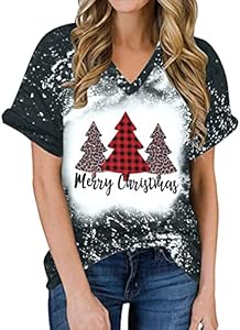 Merry Christmas Shirt Women Leopard Plaid Trees Print Casual V Neck Short Sleeve Tshirt Top FLOYU