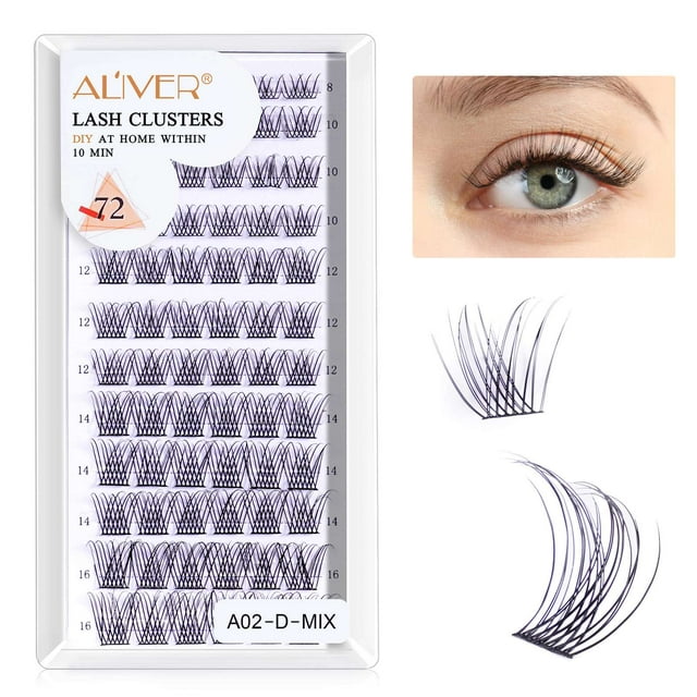 Aliver Lash Clusters DIY Eyelash Extensions 72pcs D Curl Natural Cluster Lashes 8 to 16mm Individual Lashes Eyelash Clusters(A02,D-MIX) ALIVER