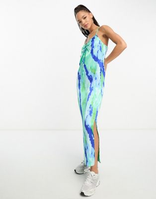 Эксклюзивное атласное платье миди со сборками JDY сине-зеленого акварельного цвета JDY