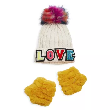 Двухкомпонентная шапка-бини для девочек с помпоном и amp; Комплект варежек из искусственного меха без пальцев JOCELYN