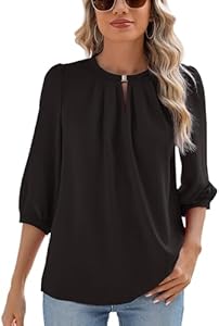 Rapbin Keyhole V Neck Puff 3/4 Length Sleeve Womens Tops Dressy Casual Chiffon Work Blouses Pleated T-Shirts Loose Fit S-XXL Rapbin