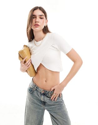 Only ribbed cross front crop top in cream  ONLY
