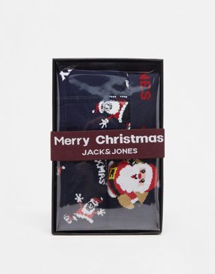 Темно-синие боксеры и носки Jack & Jones в подарочной упаковке с принтом Санта-Клауса Jack & Jones