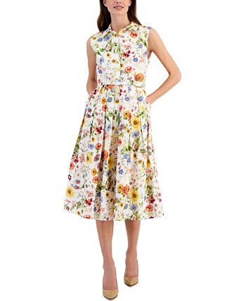 Women's Floral Printed Linen-Blend Belted Fit & Flare Midi Dress T Tahari
