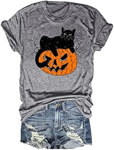 Womens Fall Pumpkin T-Shirts Funny Short Sleeve Halloween Graphic Tees Tops EIGIAGWNG