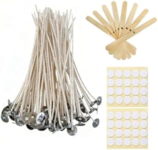 100 pcs 6" Candle Wicks for Candle Making Coated with Natural Soy Wax, Low Smoke Cotton Threads Woven with Paper 60 pcs Candles Wicks Stickers Wicks Centering Device Phinicco