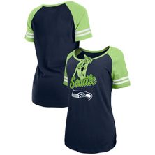 Women's New Era College Navy/Neon Green Seattle Seahawks Lightweight Lace-Up Raglan T-Shirt New Era x Staple