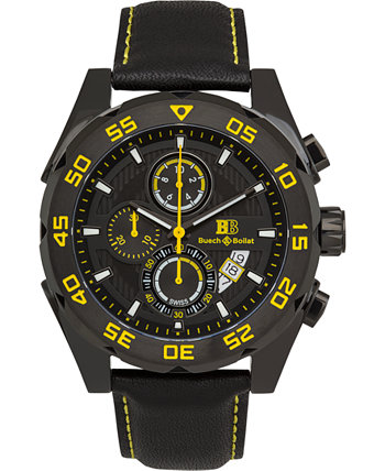 Torrent Мужские часы с хронографом Черный кожаный ремешок, черно-желтый циферблат, 44 мм Buech & Boilat