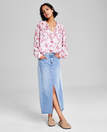 Women's Floral-Print Button-Front Ruffled Tie-Neck Woven Blouse And Now This