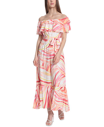 Women's Printed Tie-Front Off-The-Shoulder Ruffled Maxi Dress Donna Morgan