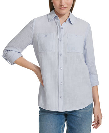Petite Cotton Button-Front Roll-Sleeve Shirt Calvin Klein