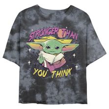 Juniors' Star Wars: The Mandalorian The Child &#34;Stronger Than You Think&#34; Wash Crop Tee Star Wars