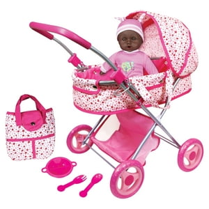 Lissi Deluxe Doll Pram with 13" African American Baby Doll - Includes Diaper Bag & Accessories Lissi