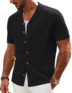 PJ PAUL JONES Mens Knit Shirts Casual Vintage Cuban Collar Short Sleeve Button Down Beach Polo Shirt Pj Paul Jones