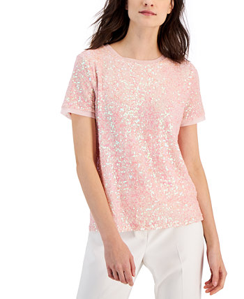 Женская сетчатая футболка с короткими рукавами и полосками, расшитая блестками Anne Klein