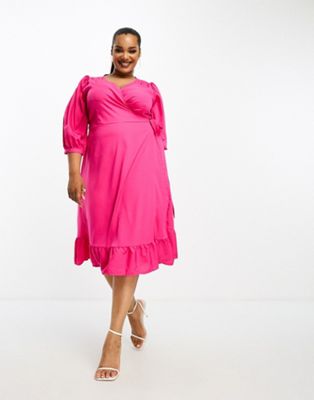 Ярко-розовое платье миди с запахом и пышными рукавами Only Curve ONLY