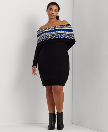 Платье-свитер с открытыми плечами больших размеров с жаккардовым узором LAUREN Ralph Lauren