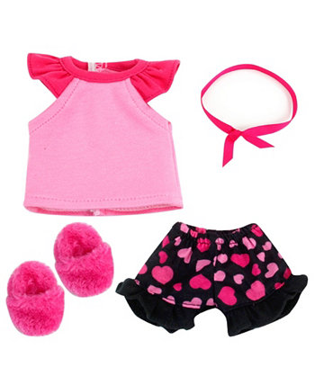 - 14.5" Doll - Girl Heart Print Pajamas, Hair Tie Fuchsia Fluffy Slippers Set, 5 Piece Teamson Kids