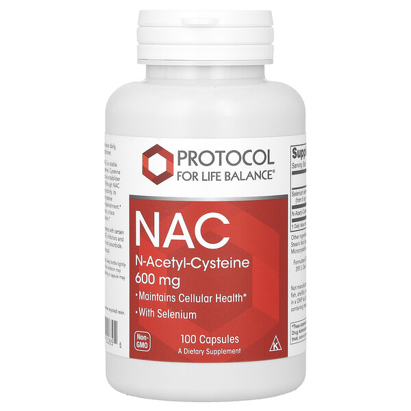 NAC (N-Acetyl-Cysteine), 600 мг, 100 растительных капсул - Protocol for Life Balance Protocol for Life Balance